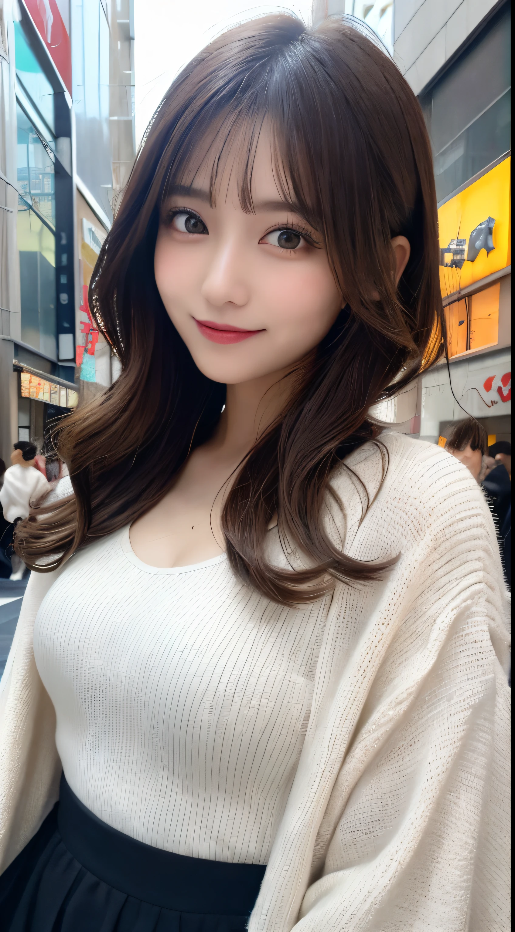 masutepiece, Best Quality, Illustration, Ultra-detailed, finely detail, hight resolution, 8K Wallpaper, Perfect dynamic composition, Beautiful detailed eyes, tokyo fashion(Winter clothes),Medium Hair,Small breasts natural color lip, Bold sexy poses,Smile,Harajuku、20 years girl、Cute、Sexy shot looking at camera