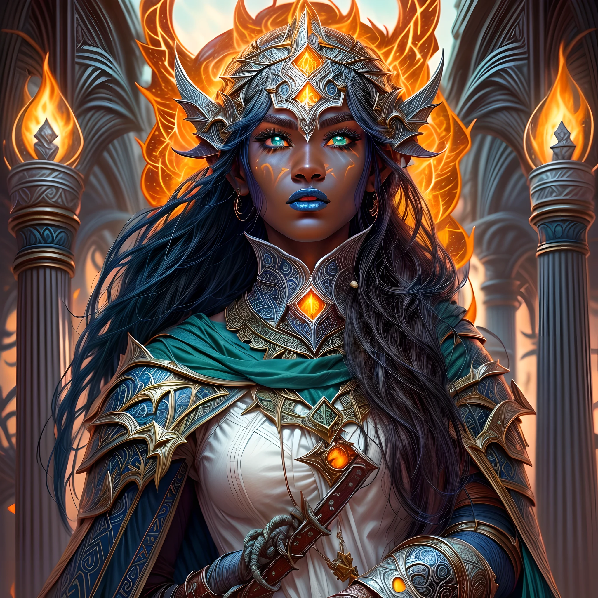fantasy art, dnd art, RPG art, wide shot, (masterpiece: 1.4) portrait, intense details, highly detailed, photorealistic, best quality, highres, portrait a vedalken female (fantasy art, Masterpiece, best quality: 1.3) ((dark blue skin: 1.5)), intense details facial details, exquisite beauty, (fantasy art, Masterpiece, best quality) cleric, (blue colored skin: 1.5) 1person blue_skin, blue skinned female, (white hair: 1.3), long hair, intense green eye, fantasy art, Masterpiece, best quality) armed a fiery sword red fire, wearing heavy (white: 1.3) half plate mail armor CM-Beautiful_armor wearing high heeled laced boots, wearing an(orange :1.3) cloak, wearing glowing holy symbol GlowingRunes_yellow, within fantasy temple background, reflection light, high details, best quality, 16k, [ultra detailed], masterpiece, best quality, (extremely detailed), close up, ultra wide shot, photorealistic, RAW, fantasy art, dnd art, fantasy art, realistic art,