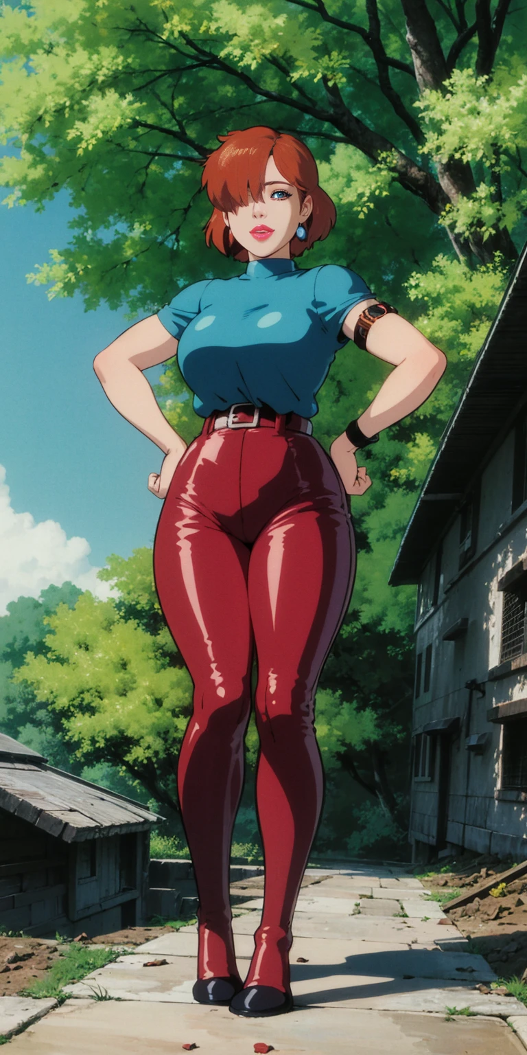 full body standing symmetrical beautiful woman, hyper realistic, 1girl, hands on hip, from below, (hair over one eye), perfect red eyes, (thick lips:1.3, slight smile:1), happy, horny, (blush:0.6), perfect lips, perfect face, ghibli style, Nausicaa \(Nausicaa\), 1girl, 30 y.o., armlet, bangs, orange hair, Nausicaa outfit, breasts, earrings, floating hair, forest, brown eyes, jewelry, looking at viewer, medium breasts, sea of decay crumbling buildings, outdoors, parted bangs, shirt, medium hair, solo, tree, upper body, blue shirt , steampunk, ((masterpiece)),
