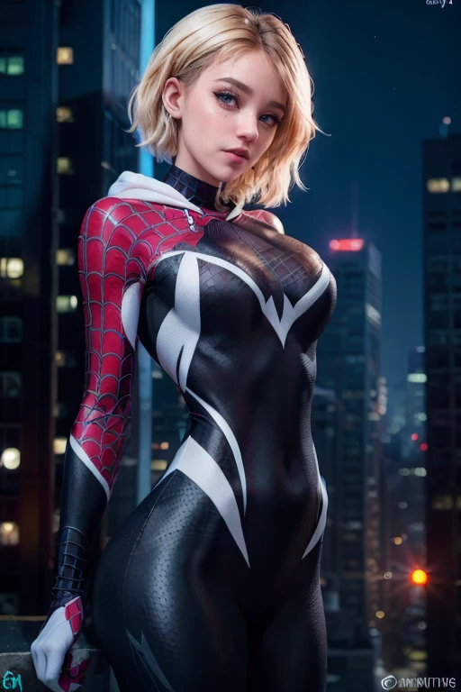 Gwen-aranha, Facing the camera, pose de modelo sexy, traje detalhado e musculatura, seios grandes, Athletic body, perfectly shaped buttocks,cores vibrantes,facial expressions that exude confidence and allure,spider web pattern on costume,dynamic lighting,foco nítido,estilo anime,olhos brilhantes,quadris atraentes,cintura fina,Tall and fit build+pernas longas.
