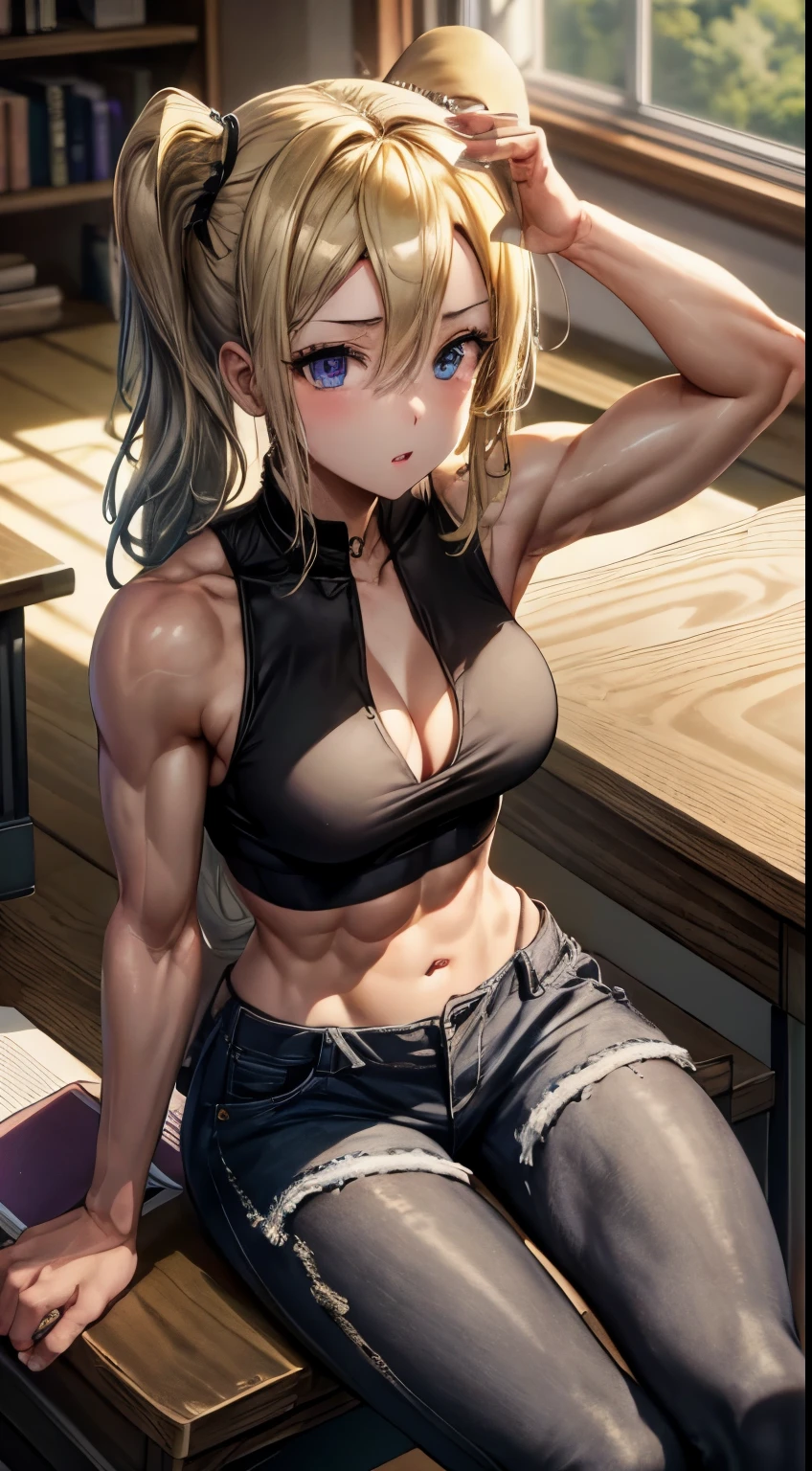 (top-quality、in 8K、32K、masterpiece、UHD、ighly detailed、Impresionismo:1.2)、Full body, (amusement park:1.4)、realistic shadow, beauitful face, blurry backround, (masterpiece), best quality, expressive eyes, perfect face, skirt expressive eyes, perfect hand, 1 girl, sitting on a table in class, blonde, tank top, medium boobs, cleavage, abs six pack, show big hips, show biceps, shorts pants, details on the uniform, detail on every aspect, vintage classroom, chalkboard, wooden desks, notebooks and textbooks neatly arranged, a stack of books on the desk, focused expression, lazy atmosphere
