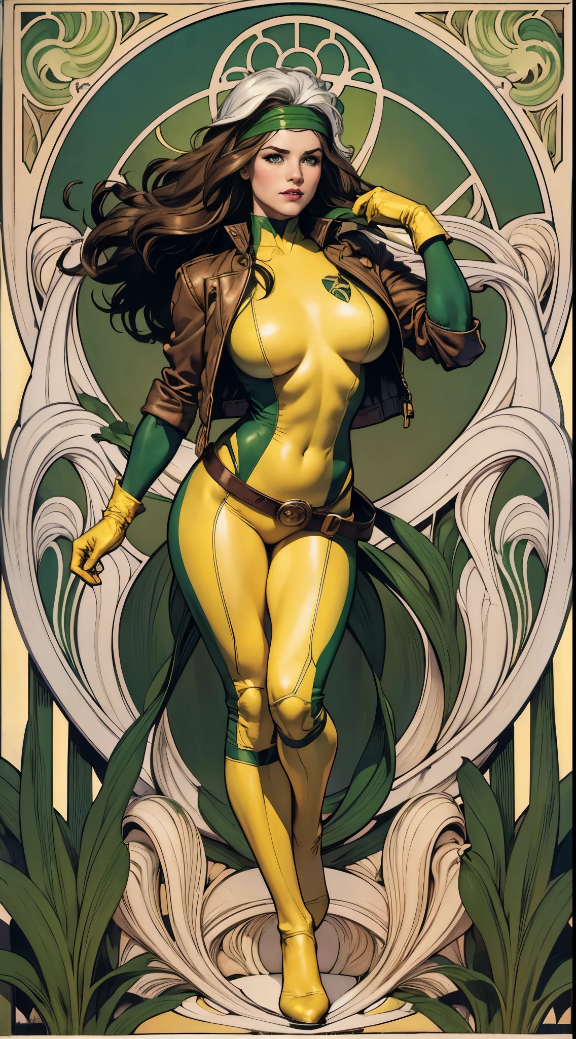 (masterpiece:1.0), (best_quality:1.2), Classic Rogue, 1991 Rogue X-Men, 1 girl, Only 1, full body view, medium length hair, brown hair, wavy hair, messy hair, one lock of white hair, green eyes, mischievous look, smirking, fit figure, curvy figure, medium breasts, lipstick, makeup, jacket, green headband, belt, yellow gloves, skin tight bodysuit, open jacket, light source from above, (realism: 1.5), (Realistic: 1.4), (Absurdity:1.4), 8k, ultra-detailed, Detailed Beautiful Woman, (Art Nouveau style), influence by John William Waterhouse and Alphons Mucha, circles, banners, background colors: green, gold, yellow, white, beige