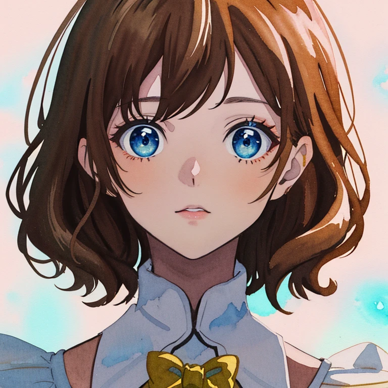 radiance, soft contours, detailed background, bright colors,
girl, watercolor, kyoani style, curly brown hair, blue eyes, magical girl, gold pearls, half body portrait, pastel colors, ink, watercolor background