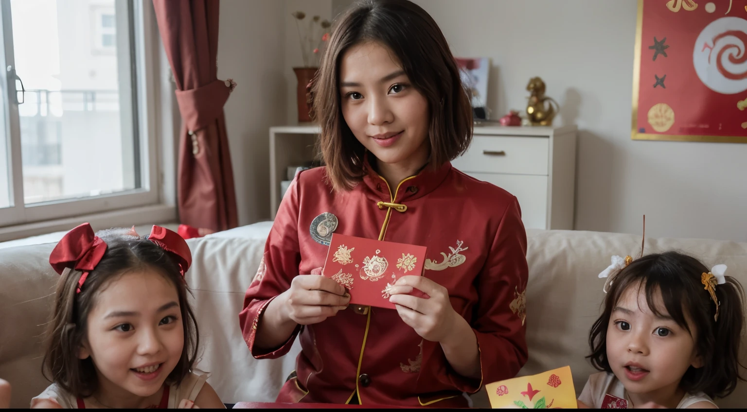 30 year old Asian woman with short hair，Living room at home，Wearing a red festive formal suit，Holding a big red envelope for Chinese New Year in hand，Distributing red envelopes to the children around me，Everyone looks happy，Red envelopes with dragon stickers and designs