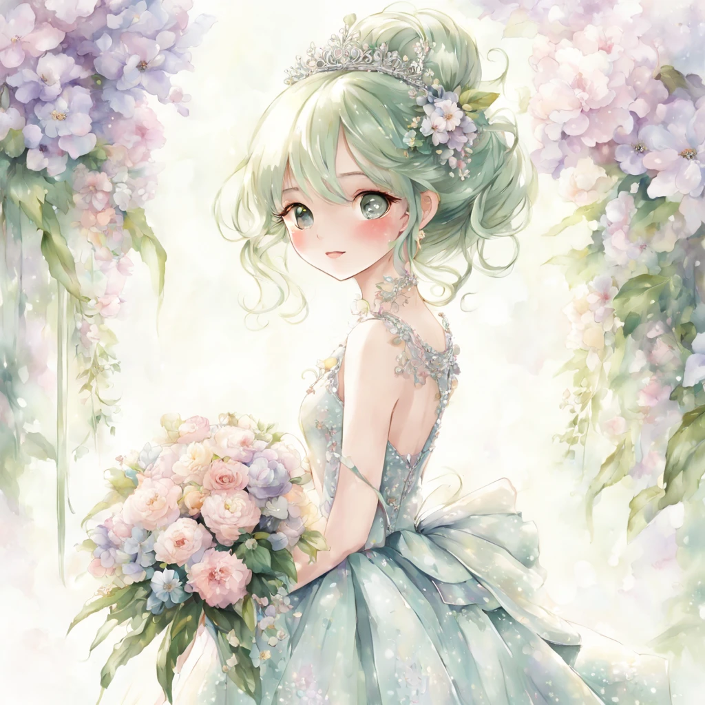 princess, tiara and bouquet,long-one-piece dress,Full body,She looked at me with very beautiful and kind eyes.Detailed Schneider Pastel Ink, soft and fantastic, Fluffy, (extremely fine and beautiful), (Perfect Detail)、(pastel color),Soft texture:1.2.(masutepiece, Best Quality), (finely detailed beautiful eye), (finely detailed eyes and detailed face),(Silky green hair), The hue is also noticeably brighter.Pale blurry silhouette,Surrounded by many flowers,girl birthday day. gorgeous decoration, Flowers, and many々gather to celebrate. Only one day a year can a girl be the star of the show, Like a princess.fine brushes, Rough, detailed watercolour, soft and fantastic, pastel, Fluffy, (extremely fine and beautiful), (perfect detail)、(pastel color),Soft texture:1.2.(masutepiece, Best Quality), (finely detailed beautiful eye), (finely detailed eyes and detailed face),The tones are also visibly luminous.Pale blurred contours