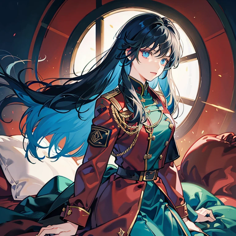 A girl with long black hair wearing a red military uniform,Blue inner color for hair,Eyes are blue,Glowing blue eyes,green armband on red military uniform