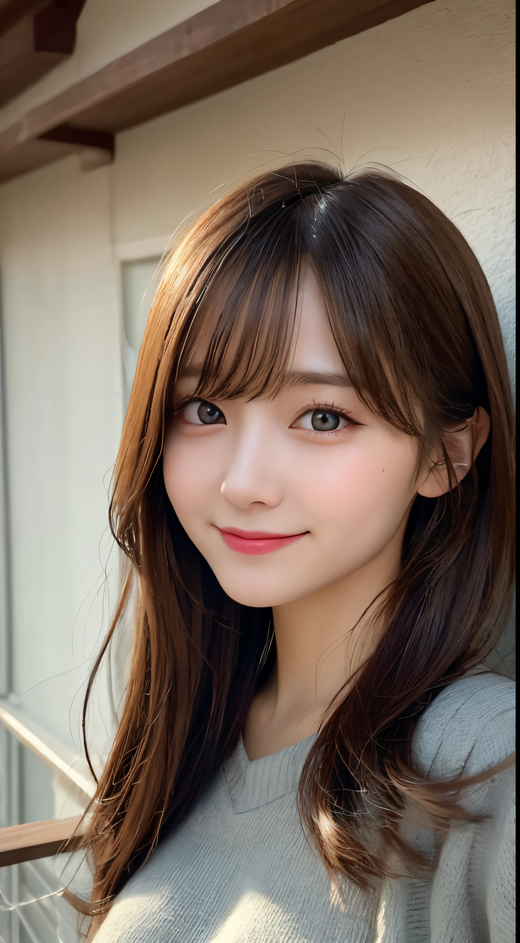 masutepiece, Best Quality, Illustration, Ultra-detailed, finely detail, hight resolution, 8K Wallpaper, Perfect dynamic composition, Beautiful detailed eyes, Women's Fashion Winterwear,small tits,Natural Color Lip, kawaii pose,Smile,Home、20 years girl、Cute、is looking at the camera,Home,Perfect and beautiful face