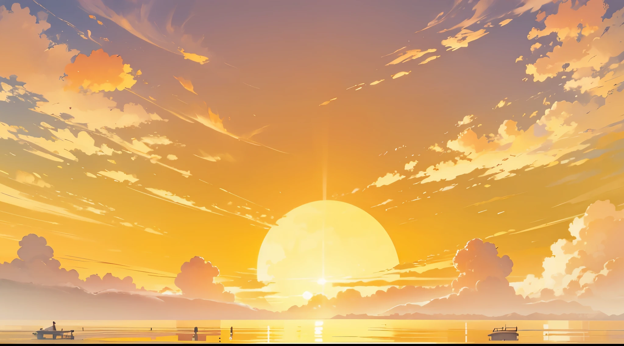 landscape, serene scenery, afternoon sky, sunset, orange sky, clouds, ocean, (in the middle of the sea), sun reflection in the water, small mountain far away,