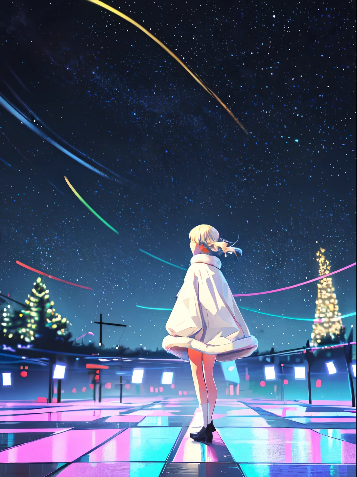 Full body Distant Back view, wind blowing, beautiful cute young girl, at church, christmas night, blurred christmas lights , futuristic skyscrapers, neon lights, blurred christmas tree, distant sky, cosmic sky, light trials