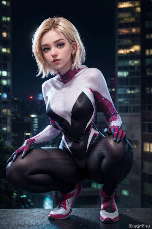 Gwen-aranha, She is exciting and squatting with her legs open, traje detalhado e musculatura, seios grandes, Athletic body, perfectly shaped buttocks,cores vibrantes,facial expressions that exude confidence and allure,spider web pattern on costume,dynamic lighting,foco nítido,estilo anime,olhos brilhantes,quadris atraentes,cintura fina,Tall and fit build+pernas longas.