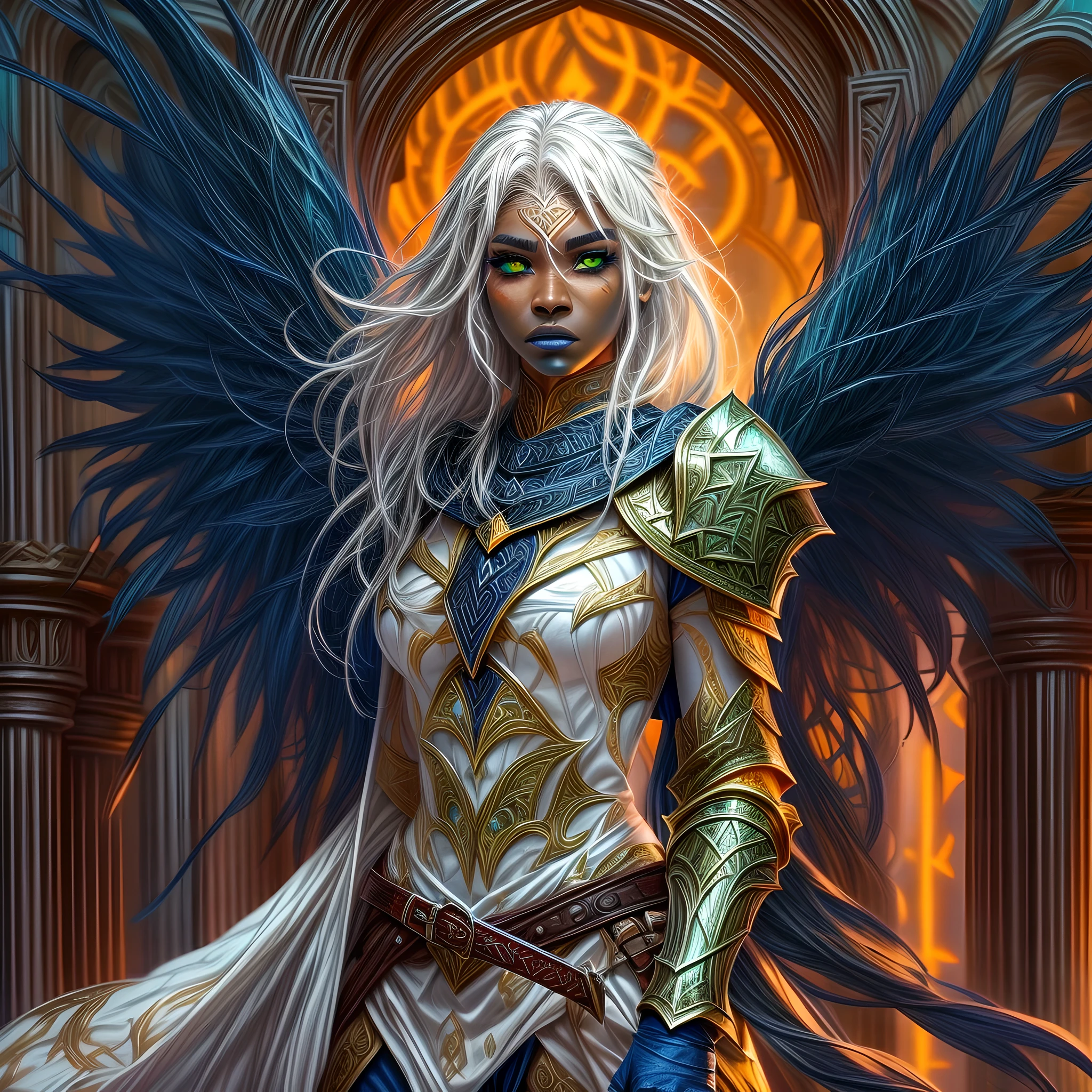 fantasy art, dnd art, RPG art, wide shot, (masterpiece: 1.4) portrait, intense details, highly detailed, photorealistic, best quality, highres, portrait a vedalken female (fantasy art, Masterpiece, best quality: 1.3) ((dark blue skin: 1.5)), intense details facial details, exquisite beauty, (fantasy art, Masterpiece, best quality) cleric, (blue colored skin: 1.5) 1person blue_skin, blue skinned female, (white hair: 1.3), long hair, intense green eye, fantasy art, Masterpiece, best quality) armed a fiery sword red fire, wearing heavy (white: 1.3) half plate mail armor CM-Beautiful_armor wearing high heeled laced boots, wearing an(orange :1.3) cloak, wearing glowing holy symbol GlowingRunes_yellow, within fantasy temple background, reflection light, high details, best quality, 16k, [ultra detailed], masterpiece, best quality, (extremely detailed), close up, ultra wide shot, photorealistic, RAW, fantasy art, dnd art, fantasy art, realistic art,