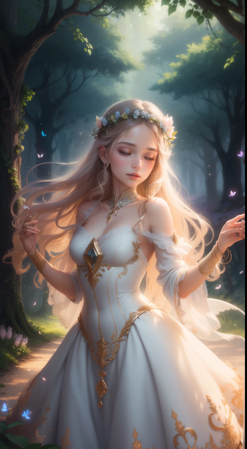 (best quality,4k,8k,highres,masterpiece:1.2),ultra-detailed,realistic,photorealistic:1.37,portrait,colorful,pastel colors,soft lighting,flowers,fairy,enchanted garden,natural surroundings,beautiful detailed eyes,tiny wings,long flowing hair,delicate dress,graceful pose,serene expression,magic,ethereal,moonlight,sparkles,mystical,peaceful atmosphere,harmony,nature's beauty,infused with magic,vibrant colors,dreamy ambiance,whimsical spirits,fantastical scene,lush foliage,gentle breeze,butterflies dancing,floral crown,grace and elegance,inner glow,enchanted aura,fairyland,tranquil haven,magical powers,enchanted light