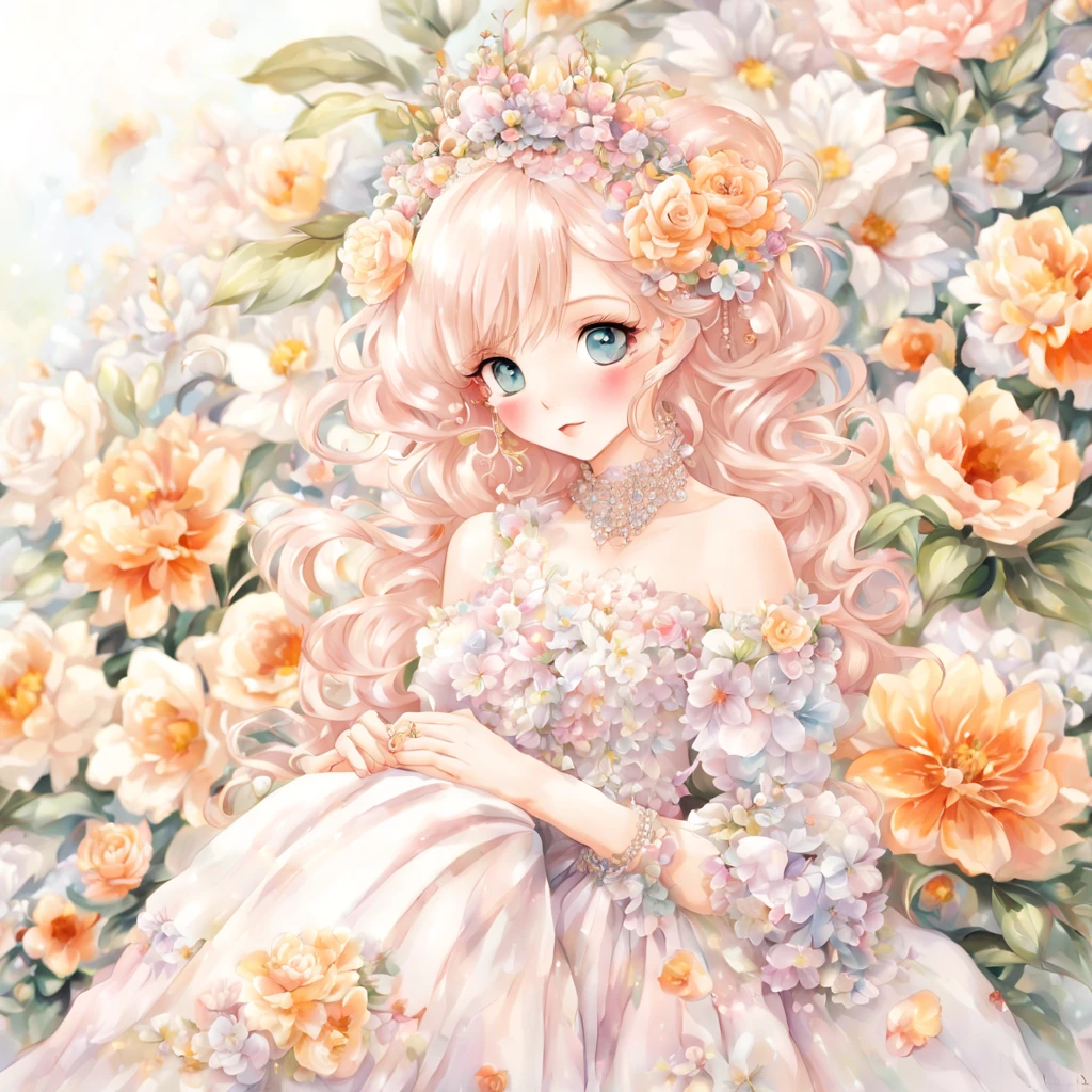 princess, tiara and bouquet,long-one-piece dress,((Full body)),She looked at me with very beautiful and kind eyes.Detailed Schneider Pastel Ink, soft and fantastic, Fluffy, (extremely fine and beautiful), (Perfect Detail)、(pastel color),Soft texture:1.2.(masutepiece, Best Quality), (finely detailed beautiful eye), (finely detailed eyes and detailed face),(Silky peach hair), The hue is also noticeably brighter.Pale blurry silhouette,Surrounded by many flowers,girl birthday day. gorgeous decoration, Flowers, and many々gather to celebrate. Only one day a year can a girl be the star of the show, Like a princess.fine brushes, Rough, detailed watercolour, soft and fantastic, pastel, Fluffy, (extremely fine and beautiful), (perfect detail)、(pastel color),Soft texture:1.2.(masutepiece, Best Quality), (finely detailed beautiful eye), (finely detailed eyes and detailed face),The tones are also visibly luminous.Pale blurred contours