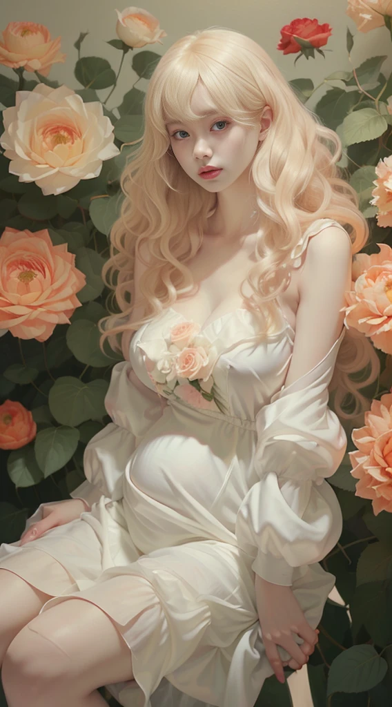 Female((20year old)), hair((long, wavy, blonde)), eyelue, big eyes)), lipgloss, smile, clothes((white, frilly dress)), gigantic breast, big boobs, oppai, ((flower hair clip)), sitting on chair, roses garden,