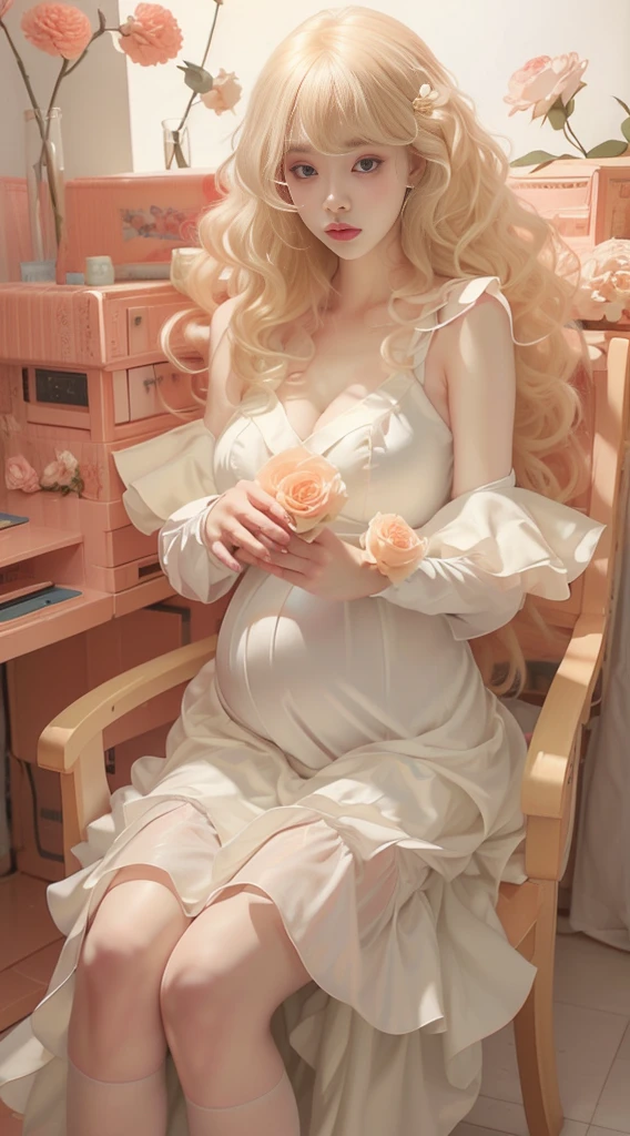 Female((20year old)), hair((long, wavy, blonde)), eyelue, big eyes)), lipgloss, smile, clothes((white, frilly dress)), pregnant, gigantic breast, big boobs, oppai, ((flower hair clip)), sitting on chair, roses garden,