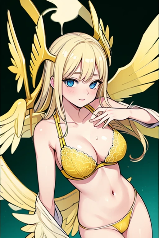 ((Best Quality)), ((Masterpiece)), (detailed), perfect faces, blonde hair, blue eyes, large breast, sexy, yellow bra, yellow lingerie, yellow underwear, cum in pussy, breast milk, angel wings
