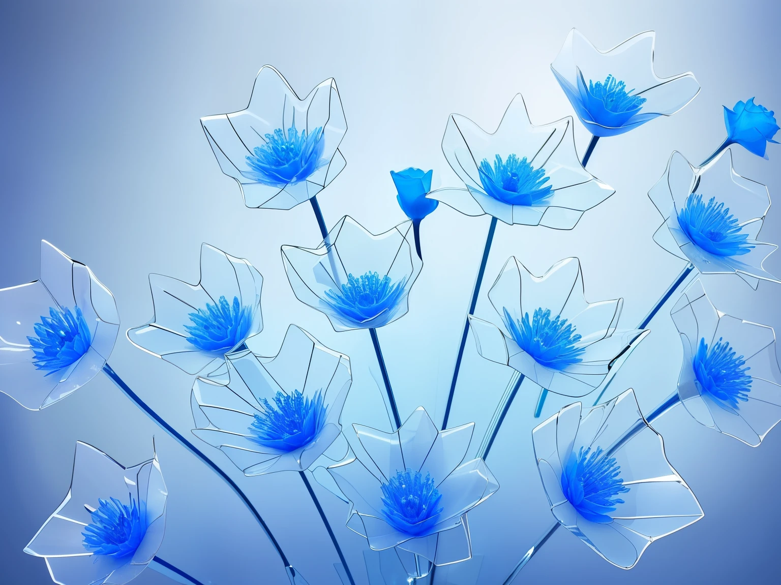 glass transparent flowers，Crystal textured flowers，white backgrounid，Extreme light and shadow，Ray traching，Be concise and clear，Flower stems clear，stem blue，Delicate linequisite curves