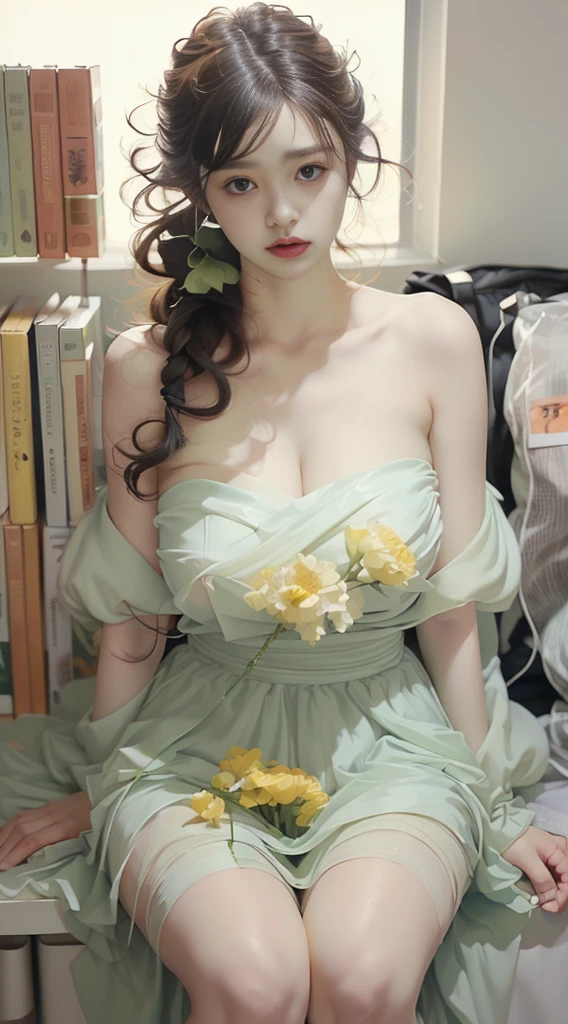 (best quality, high resolution, raw photo), curvaceous, ((Shia LaBeouf)), solo, (long black updo-hair), ((attractive thick-lip)), (white and green maxi strapless-dress ), (huge breast:1.2), (widest hip, huge thigh:1.4), (sexy pose), (near desk, inside office), (looking at camera)