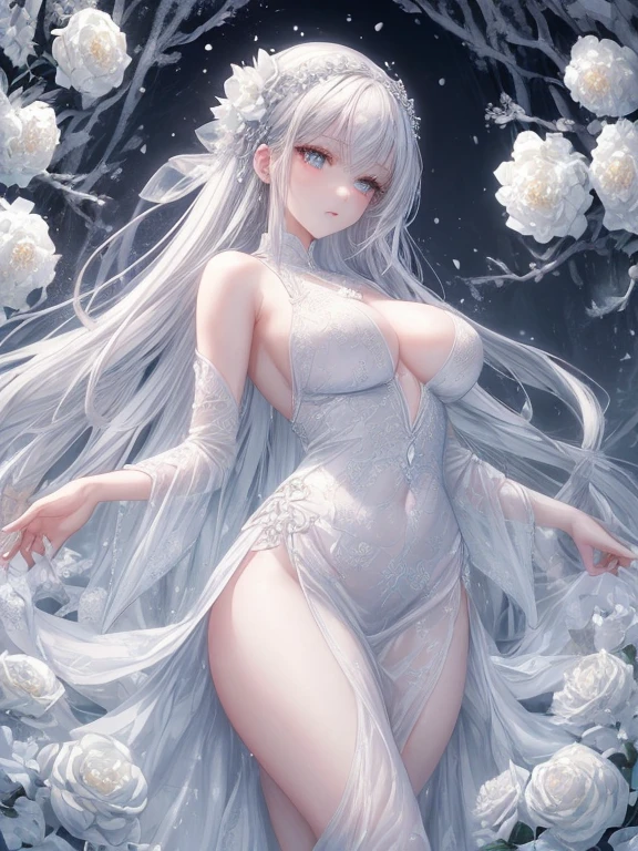 Paradise in Heaven, White lighting,(masutepiece), (Best Quality), (Cinematic), 8K, (art  stations), Li Yue painting style.(長いWhite hairとSilvery eyesを持つ1人の女), (Beautiful delicate face)、[ Particle Lou Full Moon] [Frozen trees々] [landscape crystal] [Lighting] [Ethereal Atmosphere]:1.1] [Fantasy, short story] [soft Lighting] [+Cinematic shot]:1.2 [+art  stations] [+luminous white background] [+soft Lighting] [soft glow] [Creative and dynamic angles]:1.3, [+Crystal Toning] 、masutepiece, ighly detailed, Ultra-detailed, Solo, (pale skin), Silvery eyes, White hair, (snowy background), (snowflake rosen flower:1.0), (shining crystal),, (Snowy ground), (White lashes), Female sexy、dreamy and detailed, Gorgeous setting, 妖しい雰囲気 masutepiece, The most beautiful scenes, An majestic、(((full of white flowers)))、quiet and serene atmosphere、A charming, all white tones,Inside the crystal library,Transparent flowers and falling snow，Many white roses are planted,(flowingwater,falls,water bloom),The decoration is also carefully done.,Dreamy（ighly detailedです，Creative Design，crisp and precise lines，K HD，best qualtiy，tmasterpiece，超hight resolution，4K）、Diverse poses、((beautiful white flower hair ornament))、Beautiful hairstyle、(Best Quality, 4K, 8K, hight resolution, masutepiece:1.2), Ultra-detailed, Detailed expression, Graceful posture, expressive brush strokes, mystic atmosphere, artistic interpretation,Delicate floral jewelry， (((Detailed design、Beautiful lace translucent dress、see-through small dress)))、(SFW:1.5), (Oversized breasts, best body proportions, proportions of large breasts,:1.5),(white decoration on thigh)、