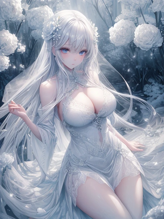 Paradise in Heaven, White lighting,(masutepiece), (Best Quality), (Cinematic), 8K, (art  stations), Li Yue painting style.(長いWhite hairとSilvery eyesを持つ1人の女), (Beautiful delicate face)、[ Particle Lou Full Moon] [Frozen trees々] [landscape crystal] [Lighting] [Ethereal Atmosphere]:1.1] [Fantasy, short story] [soft Lighting] [+Cinematic shot]:1.2 [+art  stations] [+luminous white background] [+soft Lighting] [soft glow] [Creative and dynamic angles]:1.3, [+Crystal Toning] 、masutepiece, ighly detailed, Ultra-detailed, Solo, (pale skin), Silvery eyes, White hair, (snowy background), (snowflake rosen flower:1.0), (shining crystal),, (Snowy ground), (White lashes), Female sexy、dreamy and detailed, Gorgeous setting, 妖しい雰囲気 masutepiece, The most beautiful scenes, An majestic、(((full of white flowers)))、quiet and serene atmosphere、A charming, all white tones,Inside the crystal library,Transparent flowers and falling snow，Many white roses are planted,(flowingwater,falls,water bloom),The decoration is also carefully done.,Dreamy（ighly detailedです，Creative Design，crisp and precise lines，K HD，best qualtiy，tmasterpiece，超hight resolution，4K）、Diverse poses、((beautiful white flower hair ornament))、Beautiful hairstyle、(Best Quality, 4K, 8K, hight resolution, masutepiece:1.2), Ultra-detailed, Detailed expression, Graceful posture, expressive brush strokes, mystic atmosphere, artistic interpretation,Delicate floral jewelry， (((Detailed design、Beautiful lace translucent dress、see-through small dress)))、(SFW:1.5), (Oversized breasts, best body proportions, proportions of large breasts,:1.5),(white decoration on thigh)、