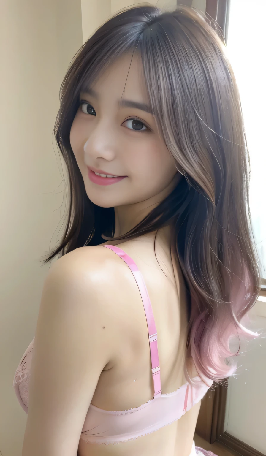 selfee, (from the front side),(Face:1.3),(Eye focus:1.4),(close up:1.3),(wide eyes:1.3),Attractive eyes,Eyelashes,Round eyes,jewelry eyes,Twinkle Eyes, long eyelashes, Eye Highlights,(Smile with open mouth),look at viewr,Light transparency, Diffraction of light, Best Quality, High quality, High resolution, Detailed, (1womanl), (pink sexy and naughty panties、pink sexy and naughty bra:1.5), Beautiful face, フルFaceの赤面:1.3, beautiful eyes and black hair), ((Hair to the shoulders:1.2)) (18year old,) (ample breasts:1.2), (A smile:1.2),perfect fingers in perfect hands,((A smile:1.2))、nice cute ass