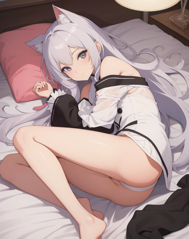Anime - Imagen de estilo de una mujer con un vestido blanco acostada en una cama, Chica gato blanco, seductora chica de anime, zorro blanco de pelo, pelo blanco deity, Hermosa catgirl de anime, linda catgirl de anime, perfect pelo blanco girl, Mejor valorado en Pixiv, cano, Muy hermosa chica gato anime, pelo blanco, posando en la cama, De Girls Frontline