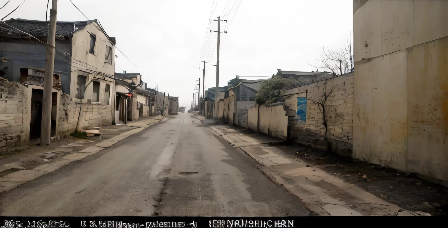 There is a street，There are many buildings on both sides, Chinese big breasts Village, Abandoned streets, Abandoned village ravaged by war, ruanjia, turban, Chinese big breasts, house and road, By Weiwei, single street, empty street, Abandoned town, Stand on the streets of the town, qiangshu, photograph of the city street, old asian village, abandoned japaense village