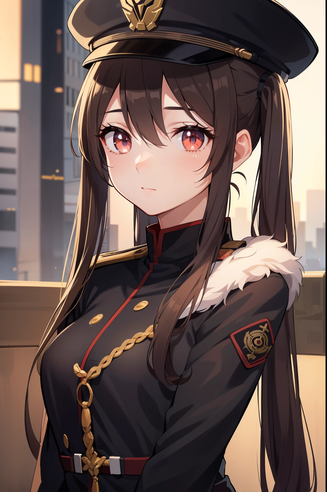 Hu Tao, hair between eyes, twintails, very long hair, red eyes, symbol-shaped pupils, brown hair, (small breast:1.2), ((black military uniform)), military cap, outdoors, city, looking at viewer, (masterpiece:1.2), best quality, high resolution, unity 8k wallpaper, (illustration:0.8), (beautiful detailed eyes:1.6), extremely detailed face, perfect lighting, extremely detailed CG, (perfect hands, perfect anatomy),