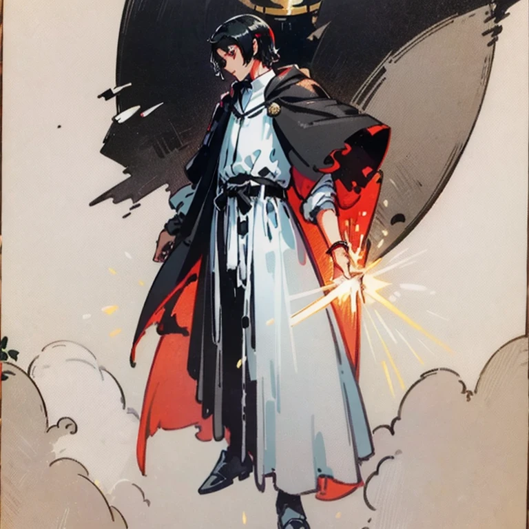 Man with short, black hair. He has dark eyes, he wears a black robe and a white button-up shirt underneath.. He has white skin and is tall. He wears a black hooded robe. He wears light armor.