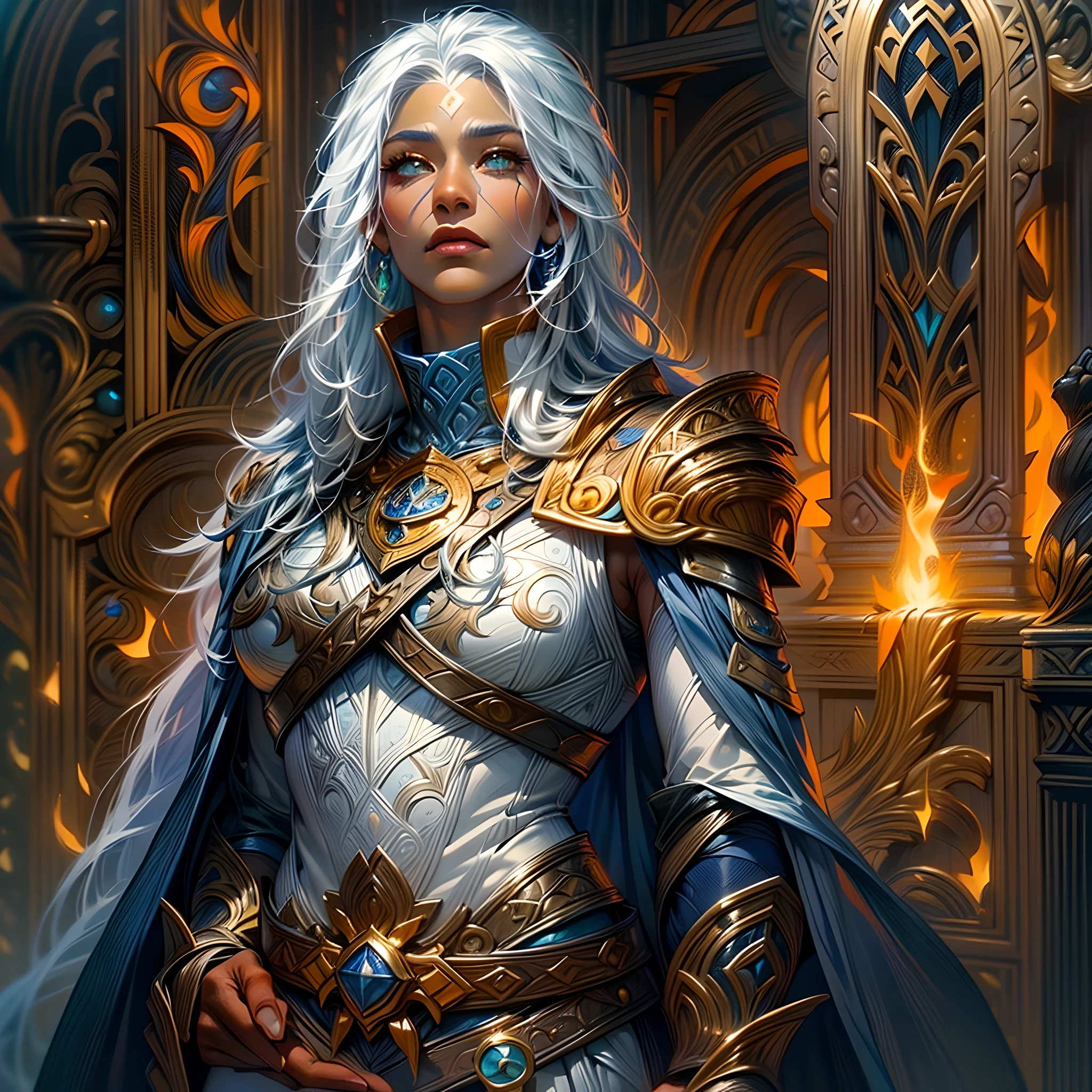 fantasy art, dnd art, RPG art, wide shot, (masterpiece: 1.4) portrait, intense details, highly detailed, photorealistic, best quality, highres, portrait a vedalken female (fantasy art, Masterpiece, best quality: 1.3) ((dark blue skin: 1.5)), intense details facial details, exquisite beauty, (fantasy art, Masterpiece, best quality) cleric, (blue colored skin: 1.5) 1person blue_skin, blue skinned female, (white hair: 1.3), long hair, intense green eye, fantasy art, Masterpiece, best quality) armed a fiery sword red fire, wearing heavy (white: 1.3) half plate mail armor CM-Beautiful_armor wearing high heeled laced boots, wearing an(orange :1.3) cloak, wearing glowing holy symbol GlowingRunes_yellow, within fantasy temple background, reflection light, high details, best quality, 16k, [ultra detailed], masterpiece, best quality, (extremely detailed), close up, ultra wide shot, photorealistic, RAW, fantasy art, dnd art, fantasy art, realistic art,