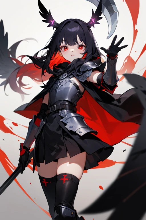 ((Masterpiece, Best Quality, bright red digital runes, Drawing)), (solo girl, black wind hair cute detailed bright red eyes, Black Leather Face Mask:1.5, Black chest armor and elbow armor, upskirt:1.2, black innerwear, Knee pads, Stockings, Black cloak with hood),
Death Girl, waving purple bright digital runes, curse of chaos, magic scythe, black raven feathers,