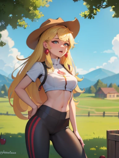 AppleJack, AppleJack from my little pony, AppleJack in the form of a girl, long hair, Wild hair, cowboy hat, apple earrings, on a farm with apple trees, steampunk style, a lot of magic, lightning nets, best quality, very detailed, ultra 8k resolution, (cum on clothes:1.5), , Cyberpunk. 1girl, female, sozinho, background with buildings far away, avenida, luzes vermelhas, Preto e branco (melhor qualidade), (realista,fotorrealista:1,37), (obra prima), linda garota, middlebreasts, top vermelho, black legging pants, (cum on leggings:1.4), blush, humiliated, nsfw, (fingering:1.3)