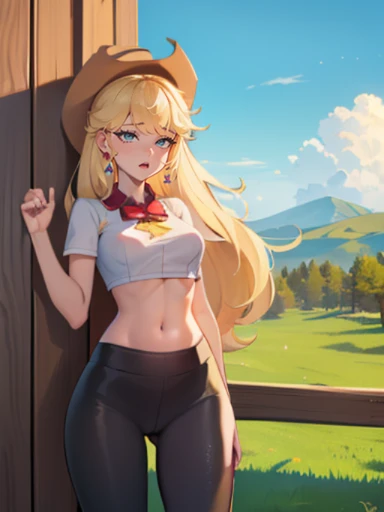 (masterpiece, best quality:1.2), cowboy shot, solo, 1girl, mlpapplejack, smile, looking at viewer, low-tied long hair, cowboy hat, shirt, denim skirt, belt, wheat field, ((perky nips, headlights, hard nips, skirt gently blowing up in the wind, exposed panties, camel toe))