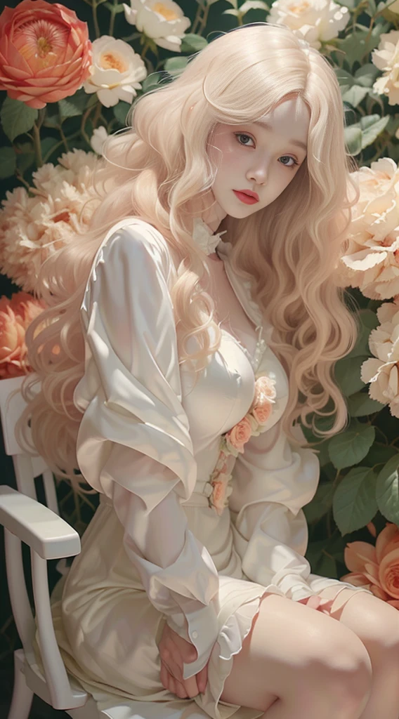 Female((20year old)), hair((long, wavy, blonde)), eyelue, big eyes)), lipgloss, smile, clothes((white, frilly dress)), gigantic breast, big boobs, oppai, ((flower hair clip)), sitting on chair, roses garden,