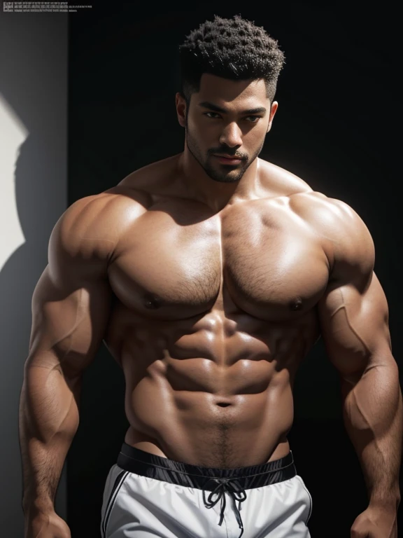 8K，8K分辨率，Muscular blacks, cool guy，Sexy, bright and charming eyes，Dark skin,Fine, smooth and shiny，Plump pectoral muscles，protrude，Naked， short white pantig bag，Highlight，best qualityer，profesional lighting，professional photoshooting，Realistic photos，realistic model，photorealistic  art