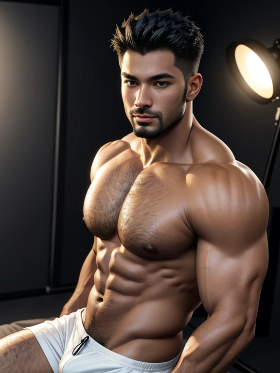 8K，8K分辨率，Muscular blacks, cool guy，Sexy, bright and charming eyes，Dark skin,Fine, smooth and shiny，Plump pectoral muscles，protrude，Naked， short white pantig bag，Highlight，best qualityer，profesional lighting，professional photoshooting，Realistic photos，realistic model，photorealistic  art