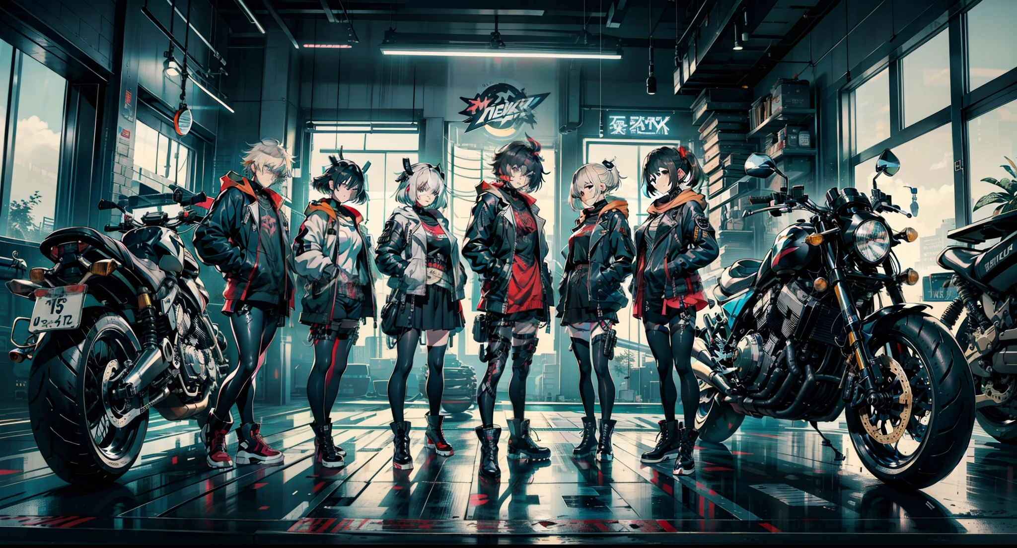 cyberpunked、girl with、mechanic、comical、Anime style、Gray and dark hair、motor bikes、Rider Jacket、punk coloring、sity、ナイトsity、group