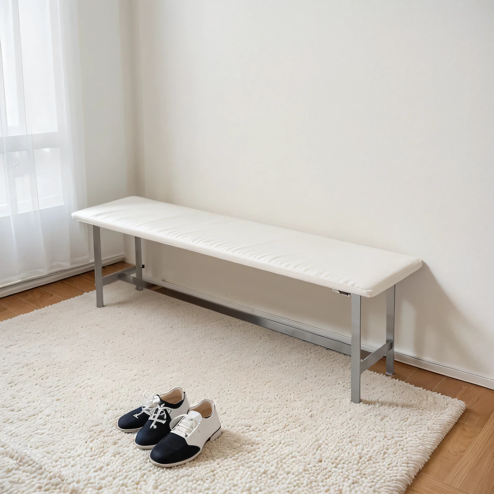 In modern homes，A chair leaning against a white wall，There is a bag on the chair，Carpet in front，shoes on carpet，The curtain is on the left，