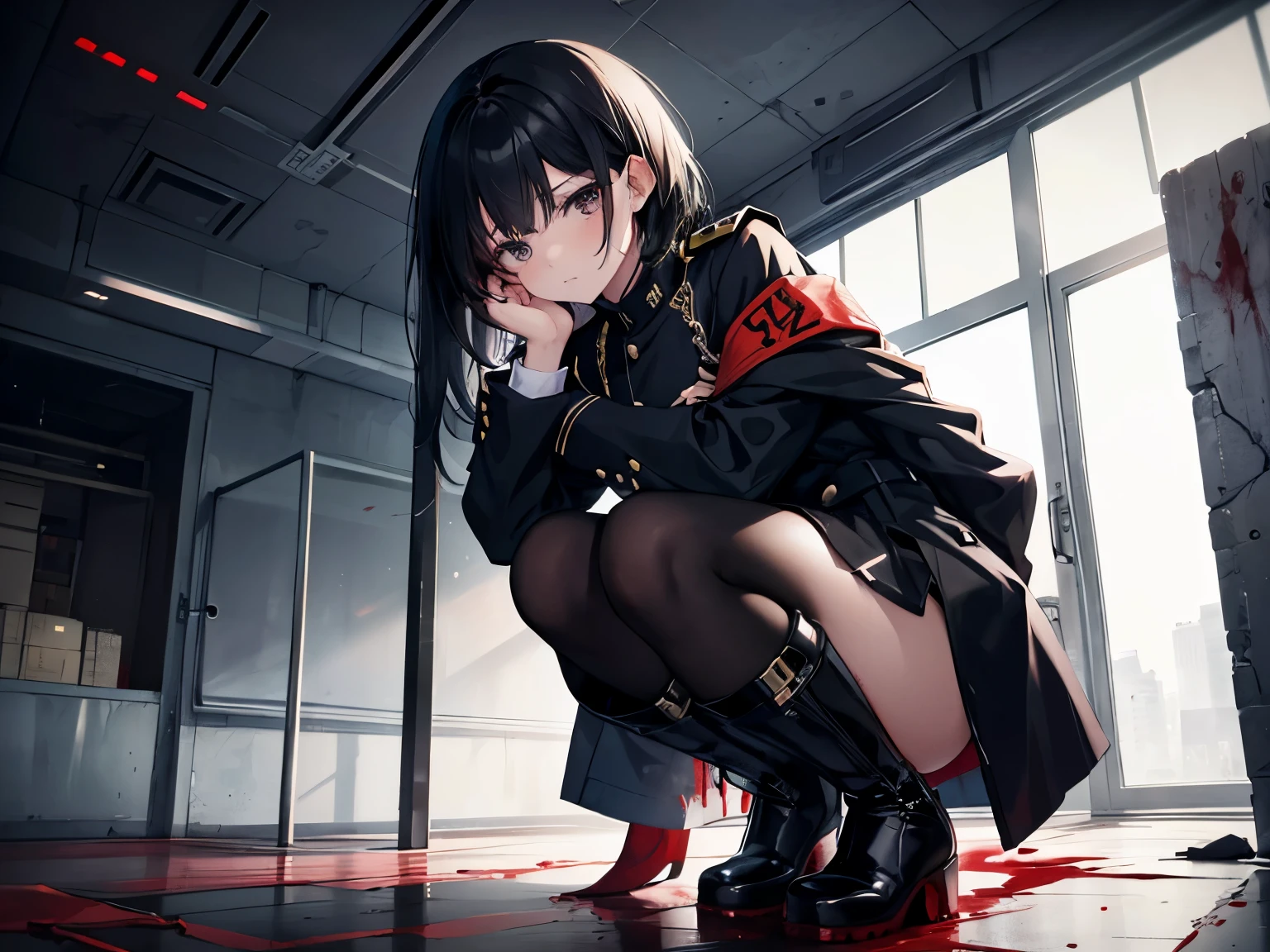 (Top resolution, Distinct_image) Best Quality, One Woman, masutepiece, Highly detailed, semi - realistic, short Black hair, Black hair, Gray eyes, Bangs, 21 years old, shoulder length hair,  年轻, Black clothing , Black uniform, Military uniform,　underground room、Empty room、despise、There is blood on the face、Bloody、Return blood、Bloody、irate、hatred、glares、Hold the knife、Squatting、Clean feet、long boots