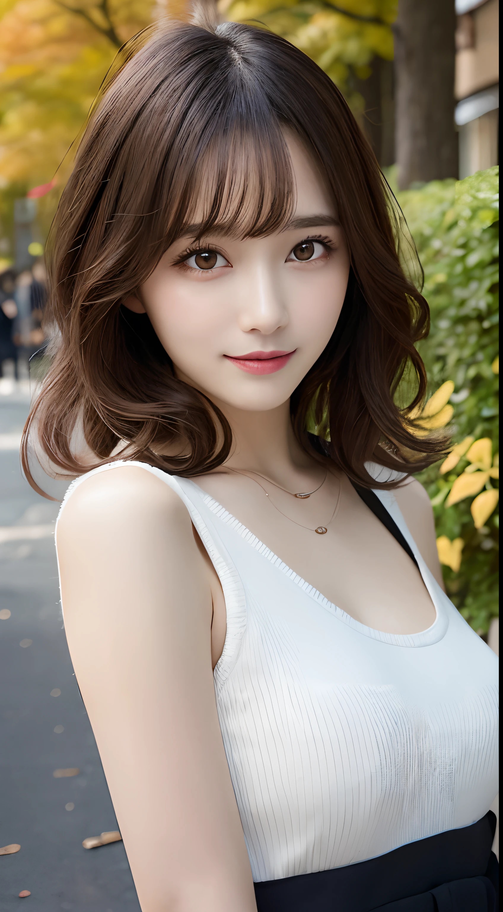 masutepiece, Best Quality, Illustration, Ultra-detailed, finely detail, hight resolution, 8K Wallpaper, Perfect dynamic composition, Beautiful detailed eyes, Women's Fashion🍂,Medium wavy hair,small tits、Natural Color Lip, Bold sexy poses,Smile,Harajuku、20 years girl、Cute、Sexy shot looking at camera