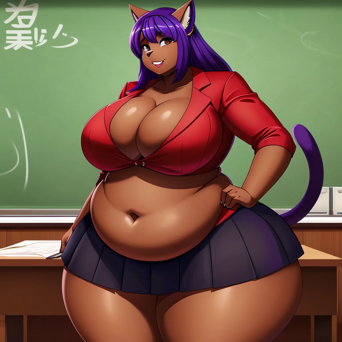 1girl, solo, Anthro, furry, cat girl, purple hair, ((dark skin)), ((dark skinned female)), ((red business suit)), cat ears, ussbbw, insanely inflated hips, insanely inflated belly, ussbbw weight gain, obese, insanely inflated thighs, fat rolls, fat arms, fat legs, tall, tail, midriff, mini skirt, navel, shiny skin, insanely wide thighs, cleavage, ((widest possible thighs)), ((inflated thighs:1.10)), thigh bulge, classroom background