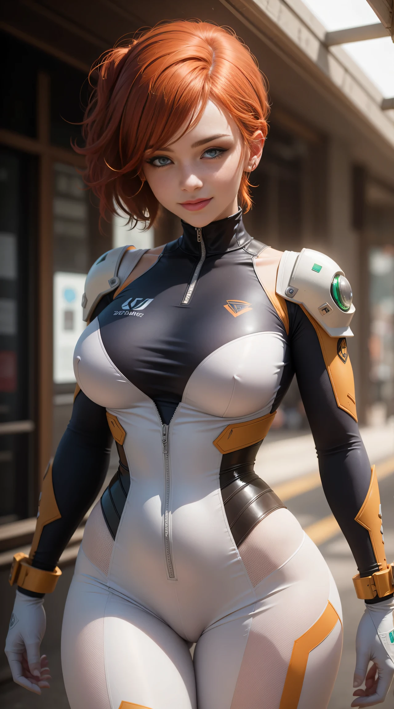gwen tennyson,tracer,samus,rebecca chambers,overwatch,gundam,1girl,close up,japan,mecha pilot,space port, mecha uniform,space marine,pirate corset,white long sleeve lycra top,white leggings,short hair,war makeup,green eyes,orange hair, purple hair highlights,shy smile, freckles,redhead,beautiful girl,large breasts,ultra detailed,realistic,fantasy art,