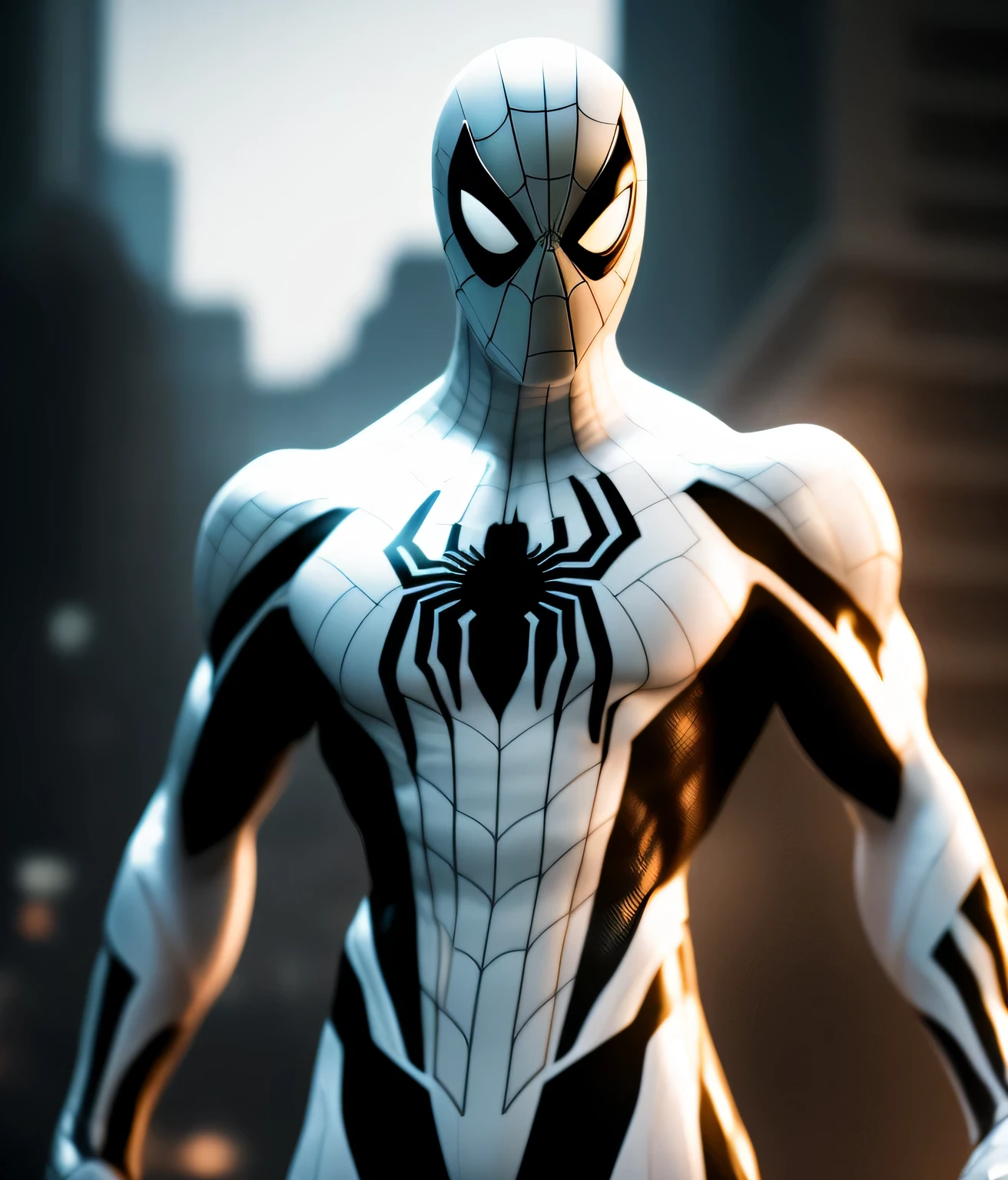 (8k, RAW photo, best quality, masterpiece: 1.2), ultra detailed, official art, photo-realistic: 1.37, spider man, black suit, spider in the center of your chest in white, organic looking clothing, gooey testura, symbiote, art, PS5 cinematic screenshot, highly detailed and detailed cinematic rendering, ultra photorealistic raytricing, with cinematic lightingaction pose