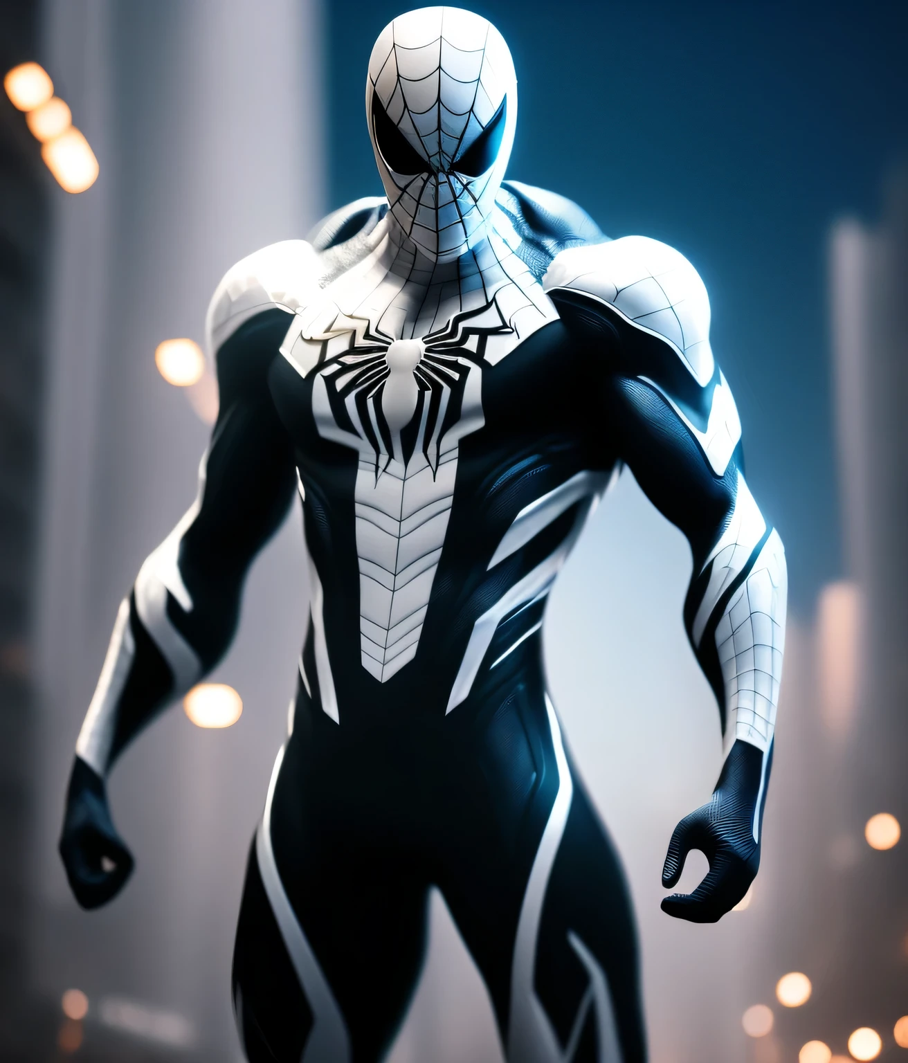(8k, RAW photo, best quality, masterpiece: 1.2), ultra detailed, official art, photo-realistic: 1.37, spider man, black suit, spider in the center of your chest in white, organic looking clothing, gooey testura, symbiote, art, PS5 cinematic screenshot, highly detailed and detailed cinematic rendering, ultra photorealistic raytricing, with cinematic lightingaction pose