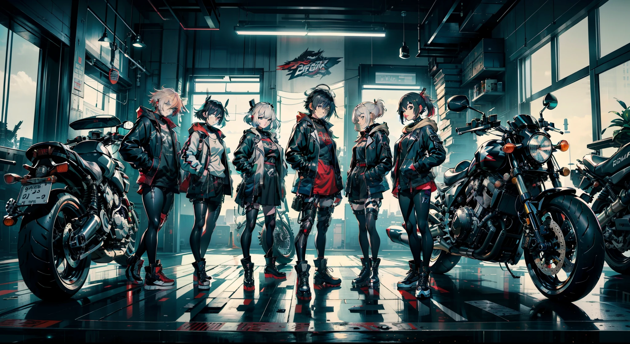 cyberpunked、girl with、mechanic、comical、Anime style、Gray and dark hair、motor bikes、Rider Jacket、punk coloring、sity、ナイトsity、group