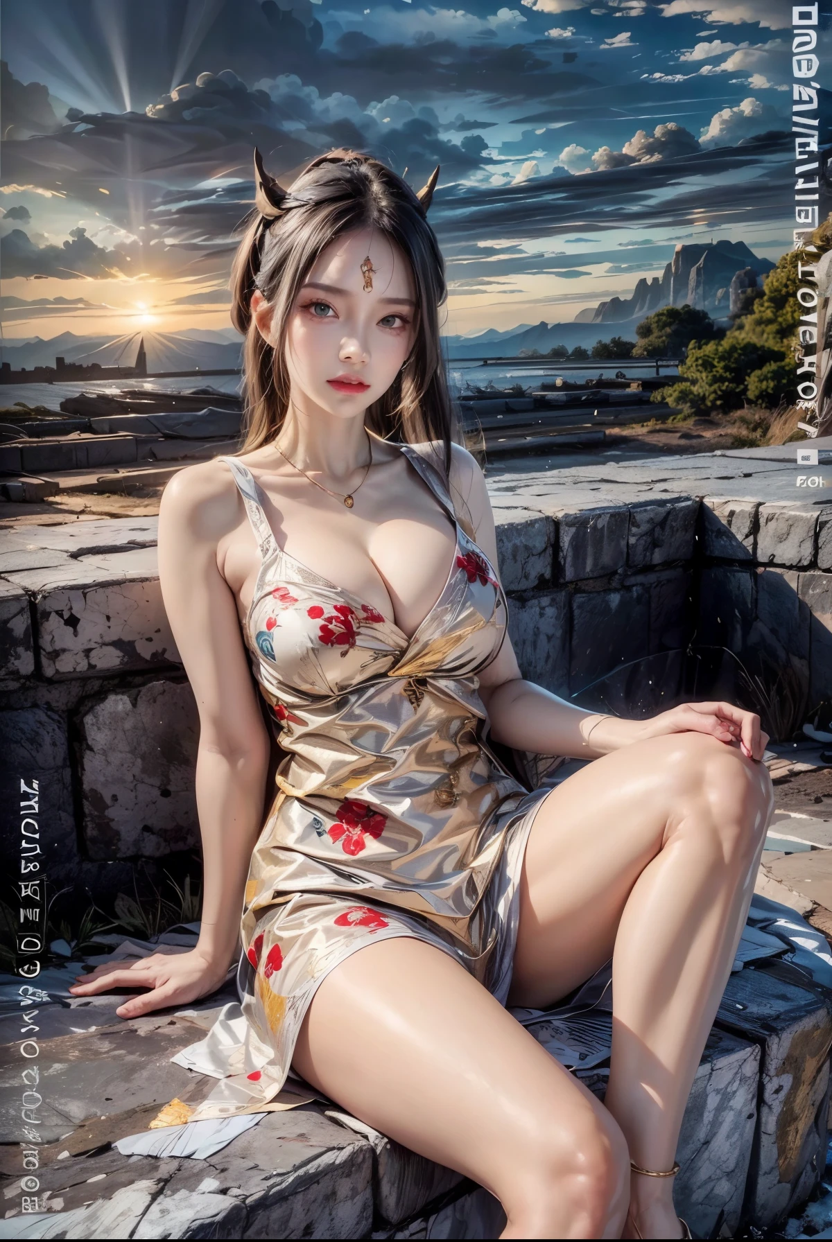 realistic, 1 women, best quality, 12k, HD, long hair, big round breasts, cleavage, ponytail, necklace, jewelry, shorts, short jacket, slim hips, hair tie, yellow eyes, black hair, super detailed, Eye details, hair details, person details, mouth details, face details, breast details, clothes details, hair details, pants details, hand details, whole body