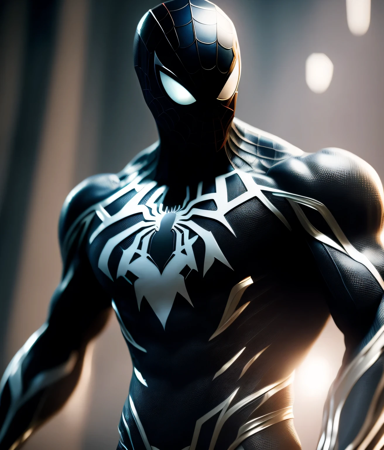 (8k, Foto RAW, La mejor calidad, Obra maestra: 1.2), Ultra detallado, Arte Oficiale, fotorrealista: 1.37, spider man, traje negro, spider in the center of your chest blank, bulky muscles, Organic-looking clothing, Gooey Testura, Simbionte, arte, ps5 cinematic screen capture, Highly detailed and detailed cinematic rendering, Raytricing ultra fotorrealista, with cinematic lightingaction pose