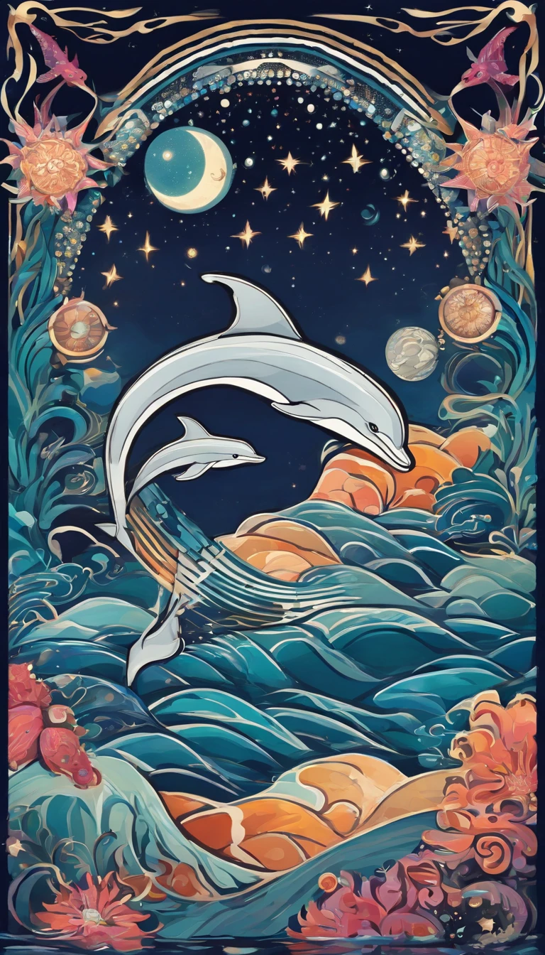 Under the sea,nigh sky, Star Moon, intergalactic,Close-up of a dolphin painting, Lassen,space art, Dreamy art, sea pattern,whales, Beautiful Art, Magic Sea, Dreamy night, under the sea of stars,