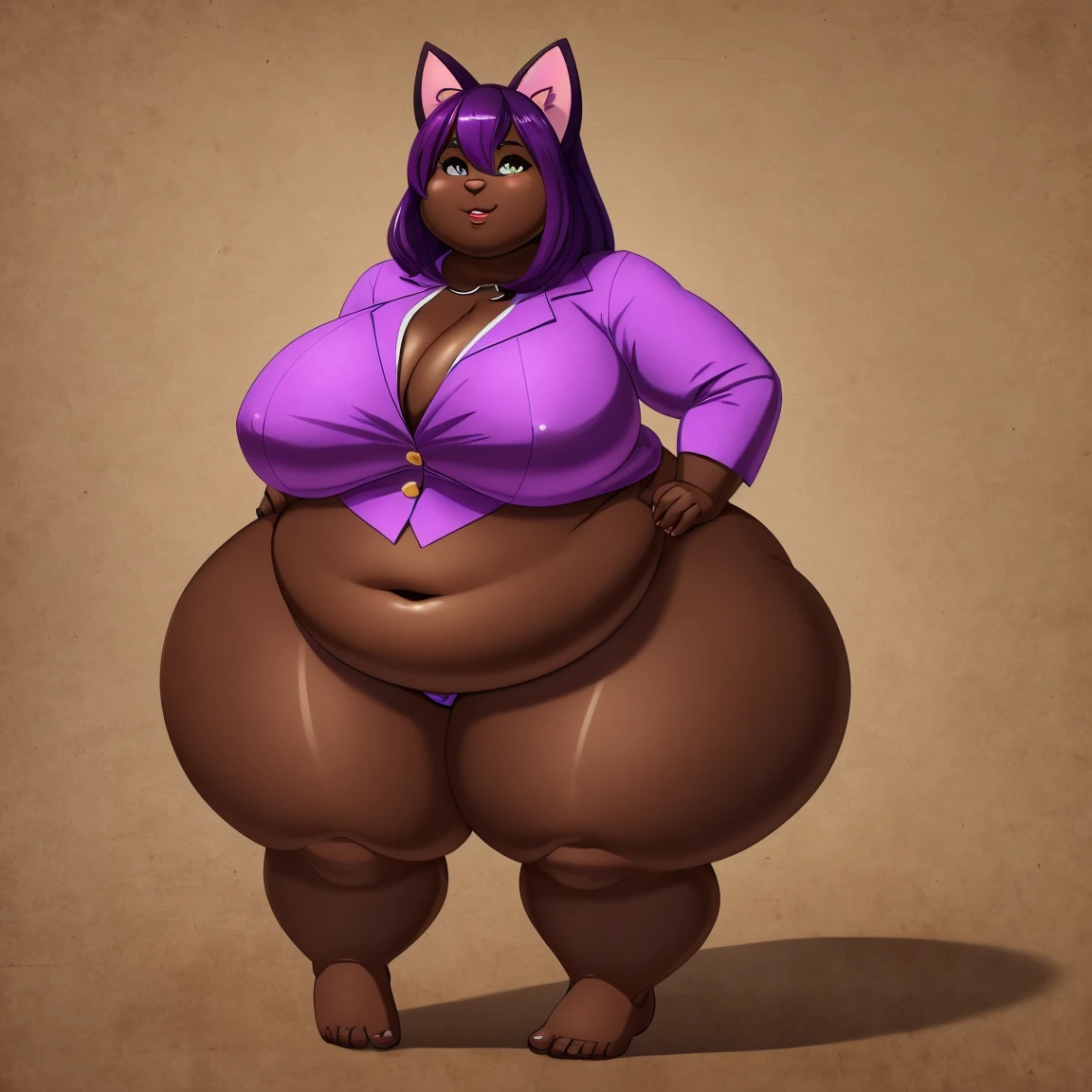 1girl, solo, Anthro, furry, cat girl, purple hair, ((dark skin)), ((dark skinned female)), ((red business suit)), purple cat ears, ussbbw, insanely inflated hips, insanely inflated belly, ussbbw weight gain, obese, insanely inflated thighs, fat rolls, fat arms, fat legs, tall, long tail, midriff, mini skirt, navel, shiny skin, insanely wide thighs, cleavage, ((widest possible thighs)), ((inflated thighs:1.10))