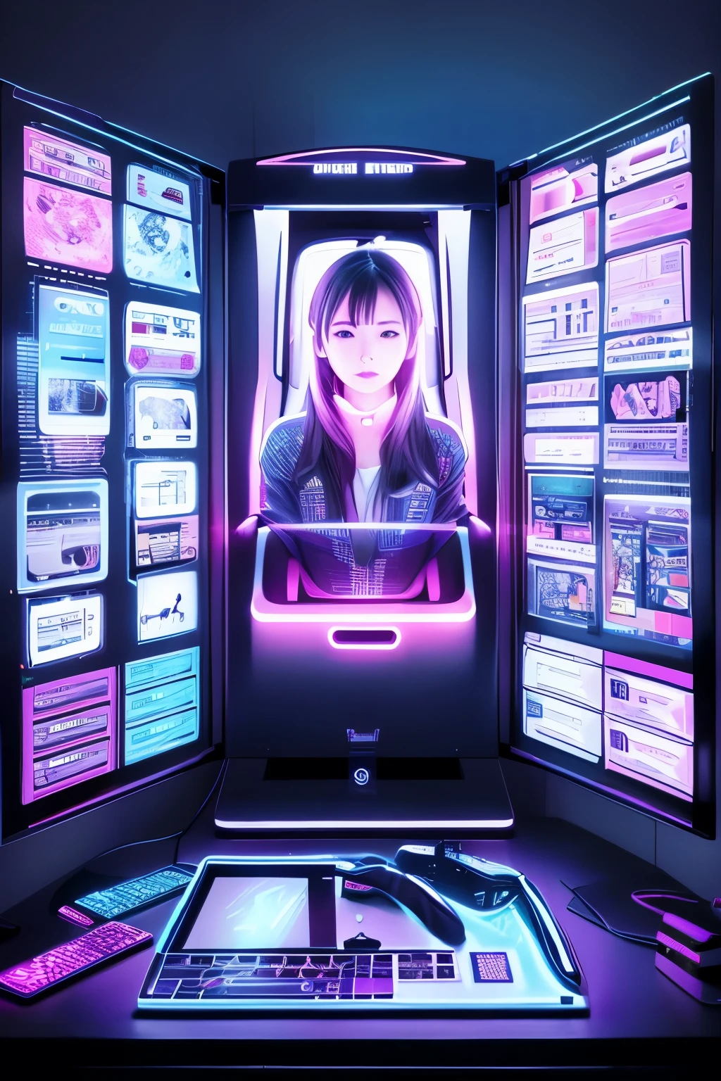 NeonNoir、AI hologram、mirai、Mother Computer、Cyberpunk Room、latest server room、floating smartphone,  Transparent screen,  holographic monitor, many small devices, crystal rainbow, many artificial intelligence hologram women, Wide variety of ages、Wide variety of races、intelligence device､